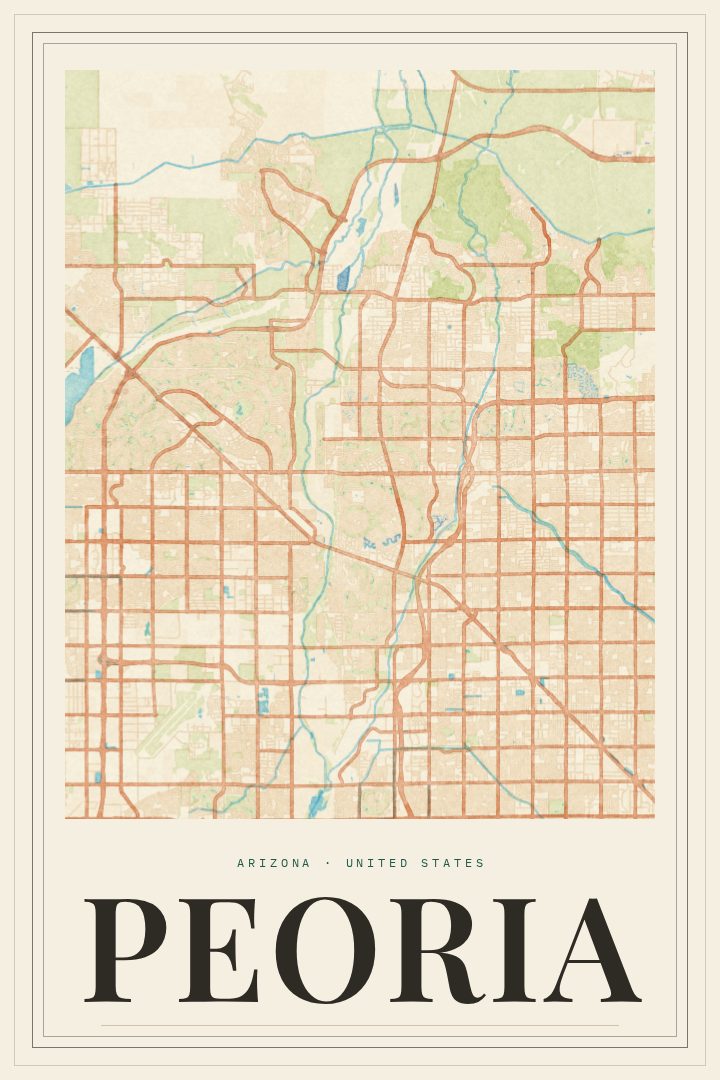Peoria map poster, Painted Survey style