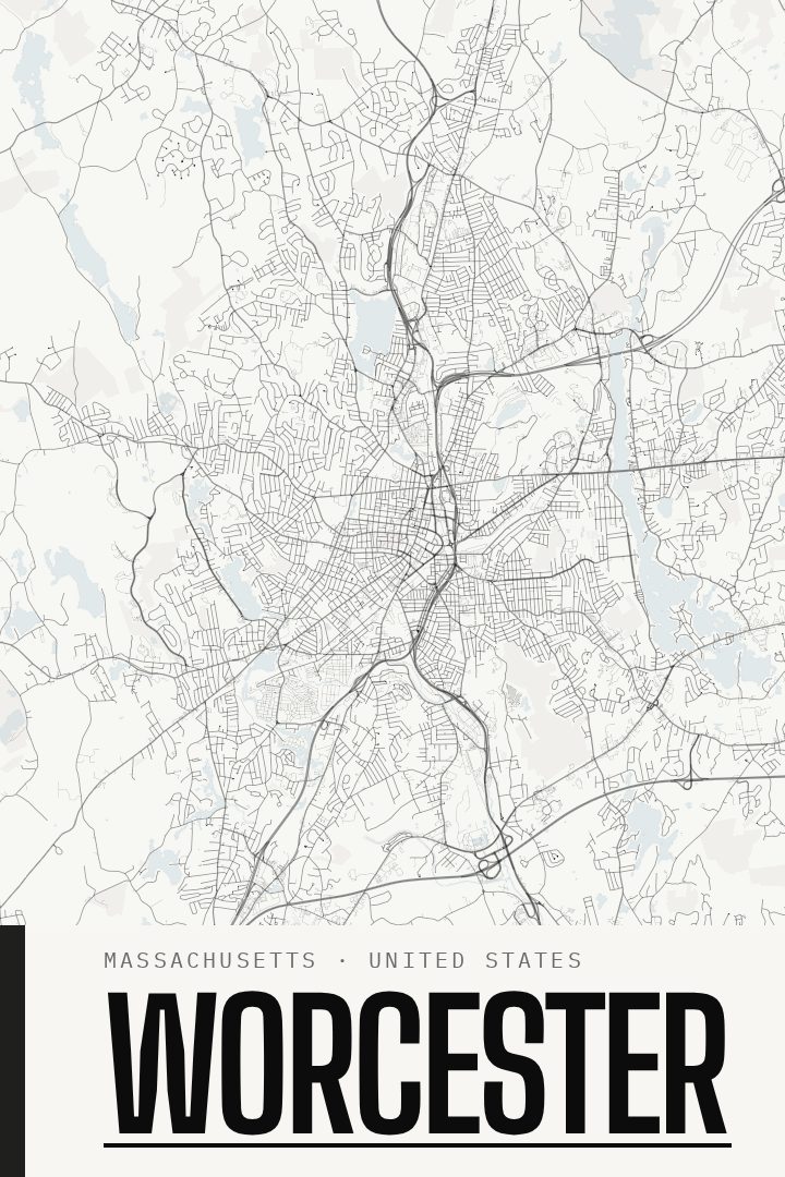 Worcester map poster, Blackline style