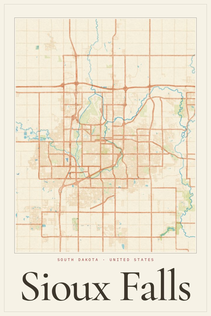 Sioux Falls map poster, Watercolor style