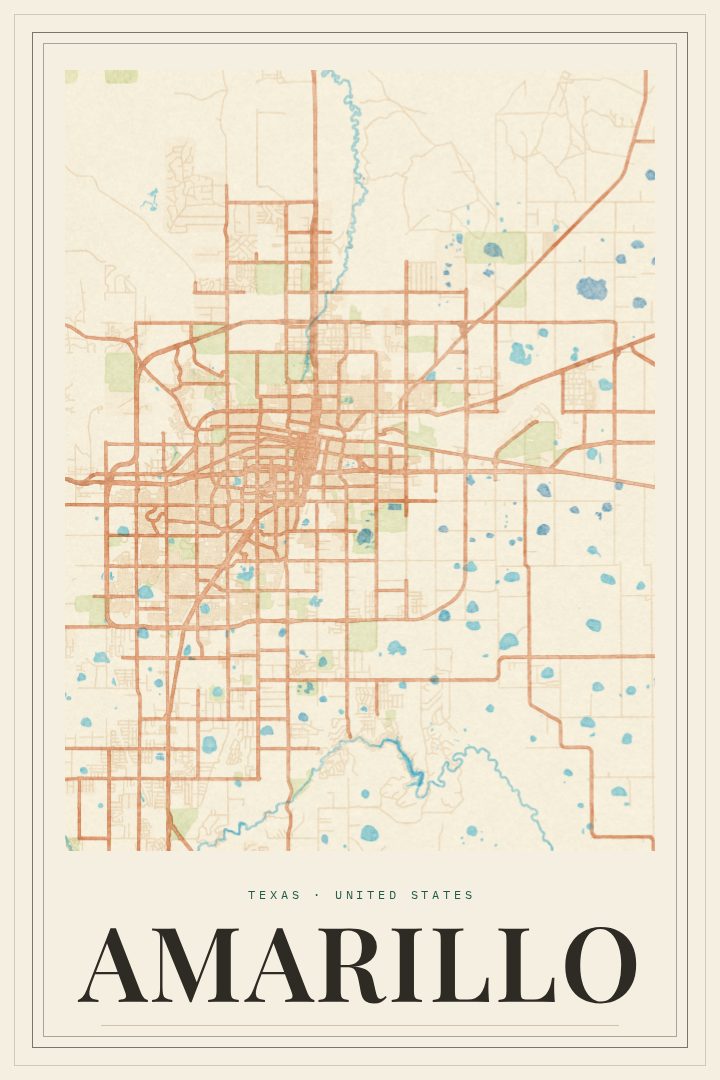 Amarillo map poster, Painted Survey style
