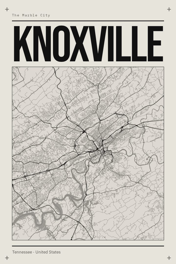 Knoxville map poster, Brutalist style