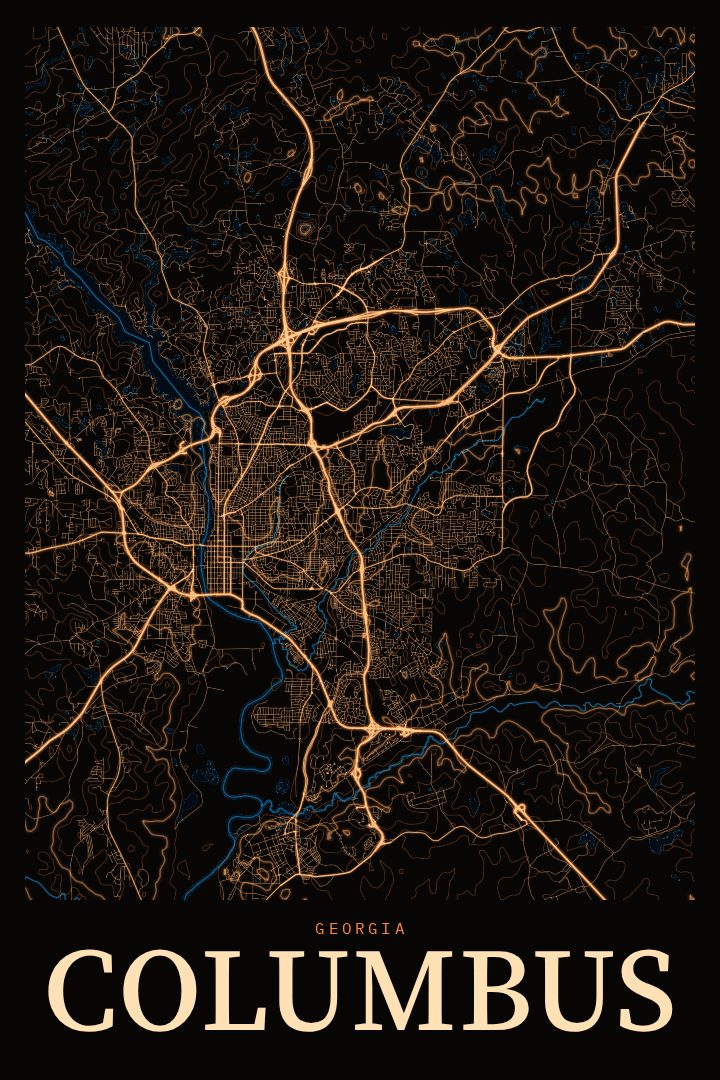 Columbus map poster, Neon Night style