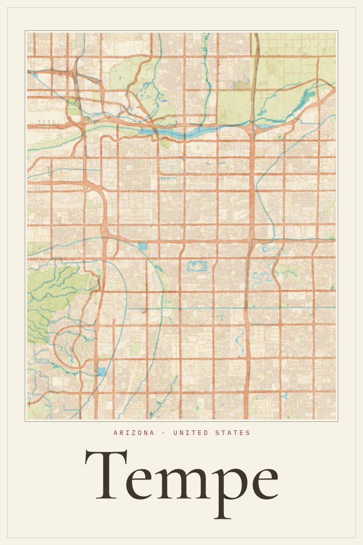 Tempe map poster, Watercolor style