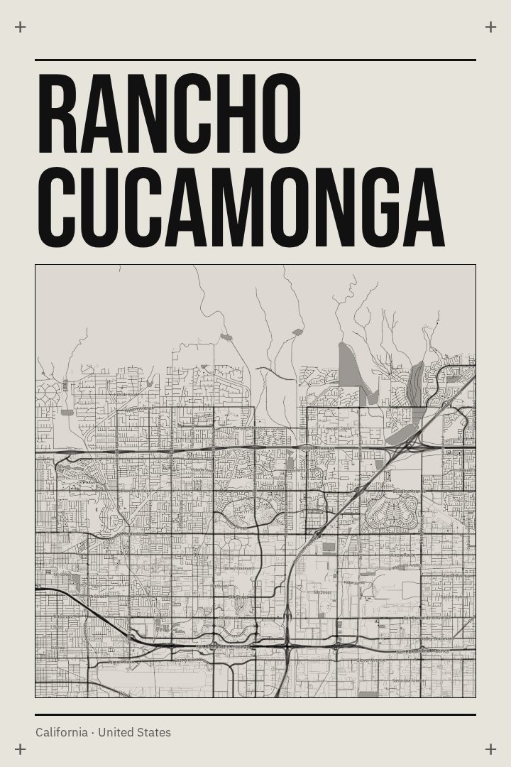 Rancho Cucamonga map poster, Brutalist style