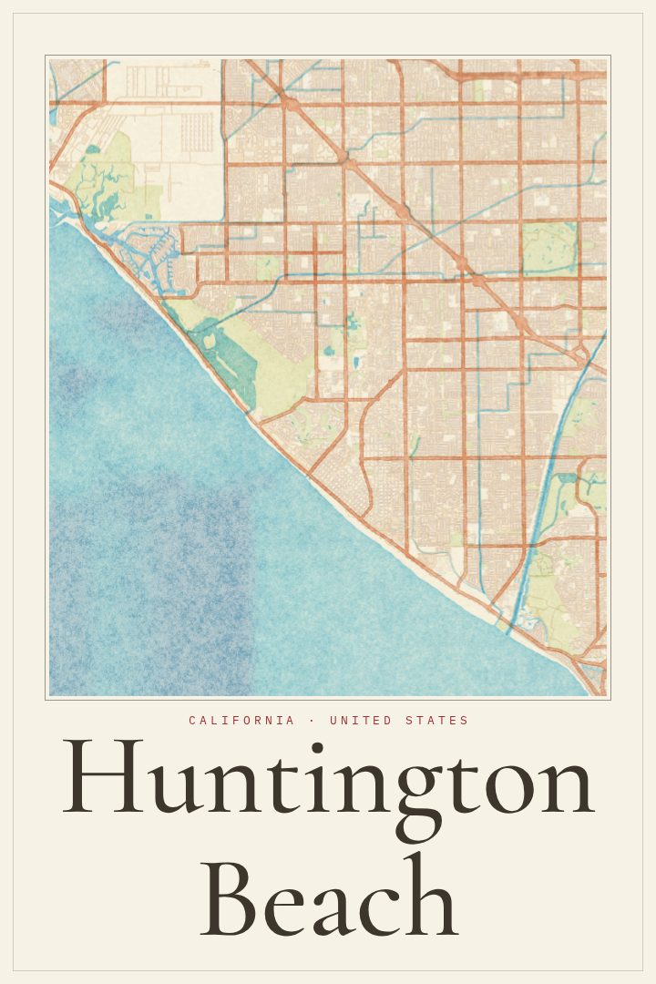 Huntington Beach map poster, Watercolor style