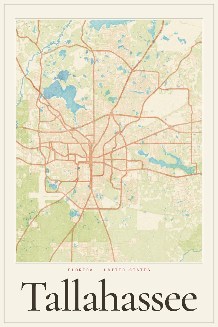 Tallahassee map poster, Watercolor style