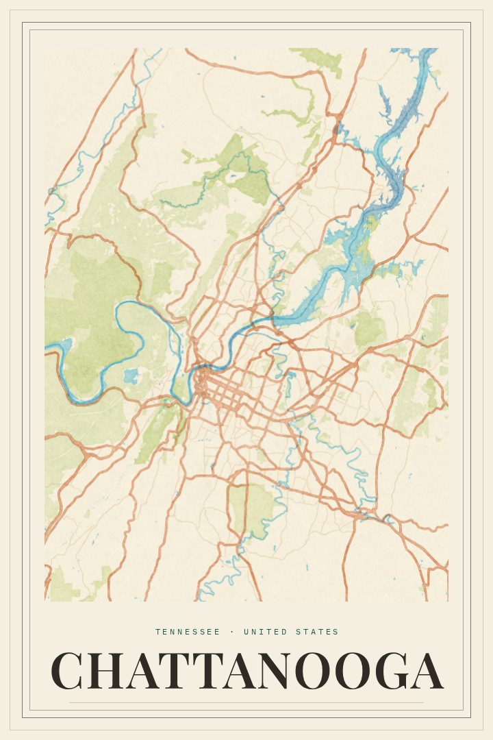 Chattanooga map poster, Painted Survey style