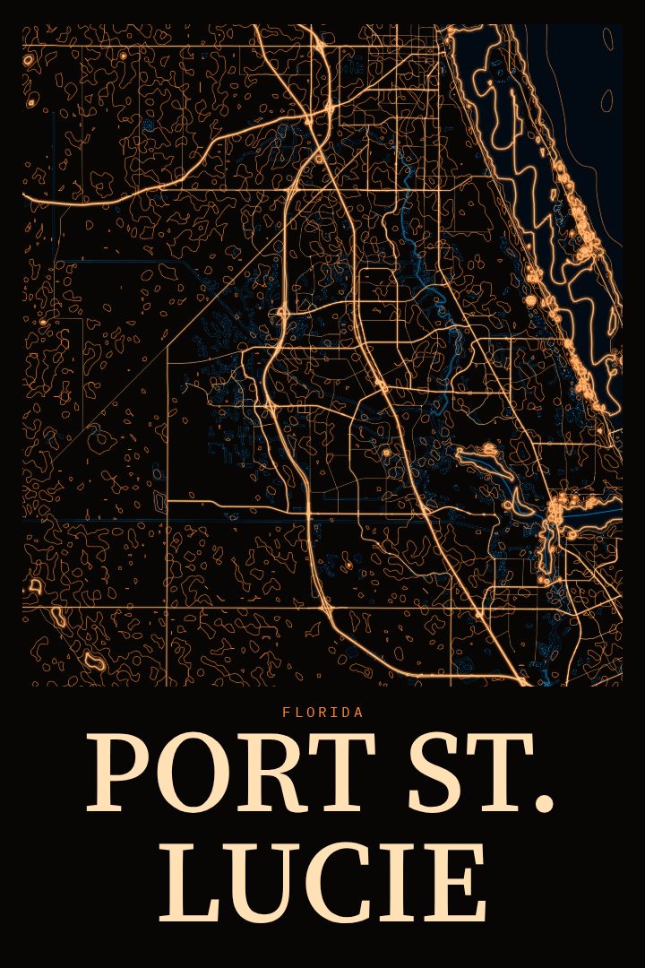 Port St. Lucie map poster, Neon Night style