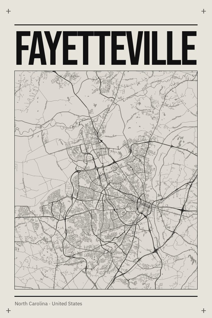 Fayetteville map poster, Brutalist style