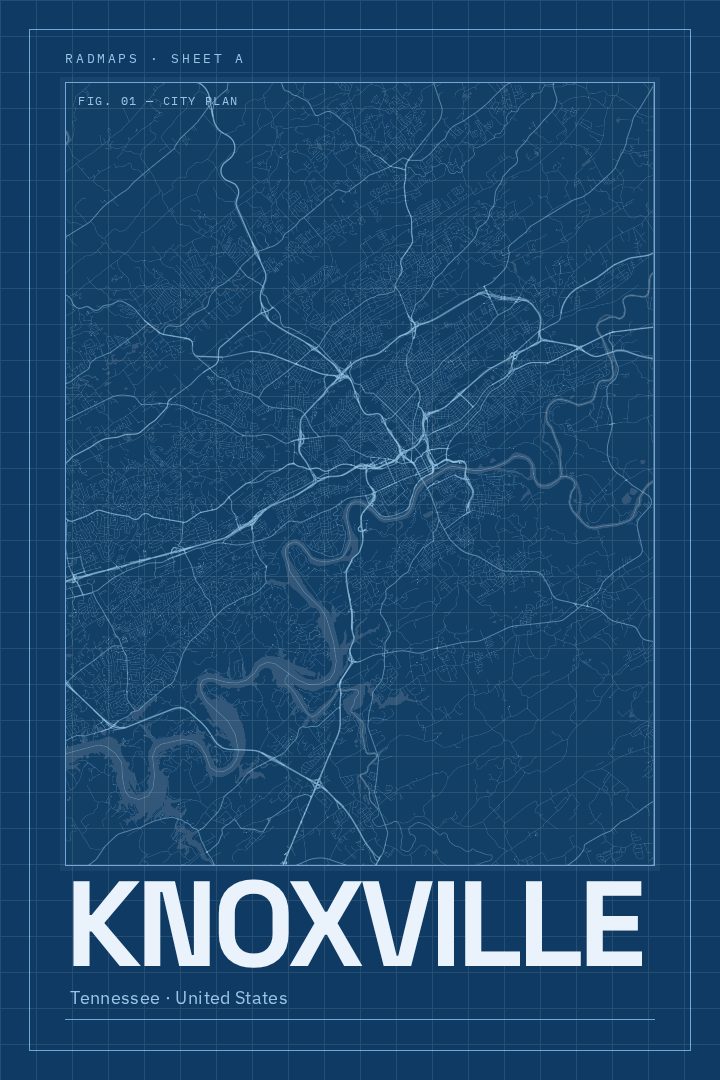 Knoxville map poster, Blueprint style