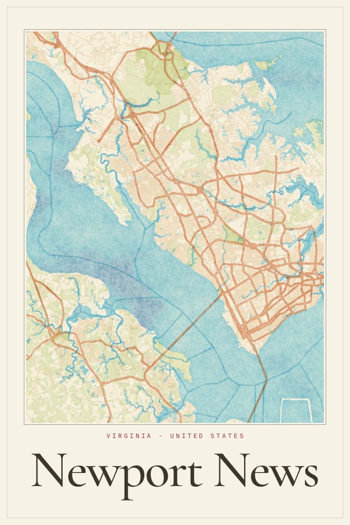 Newport News map poster, Watercolor style