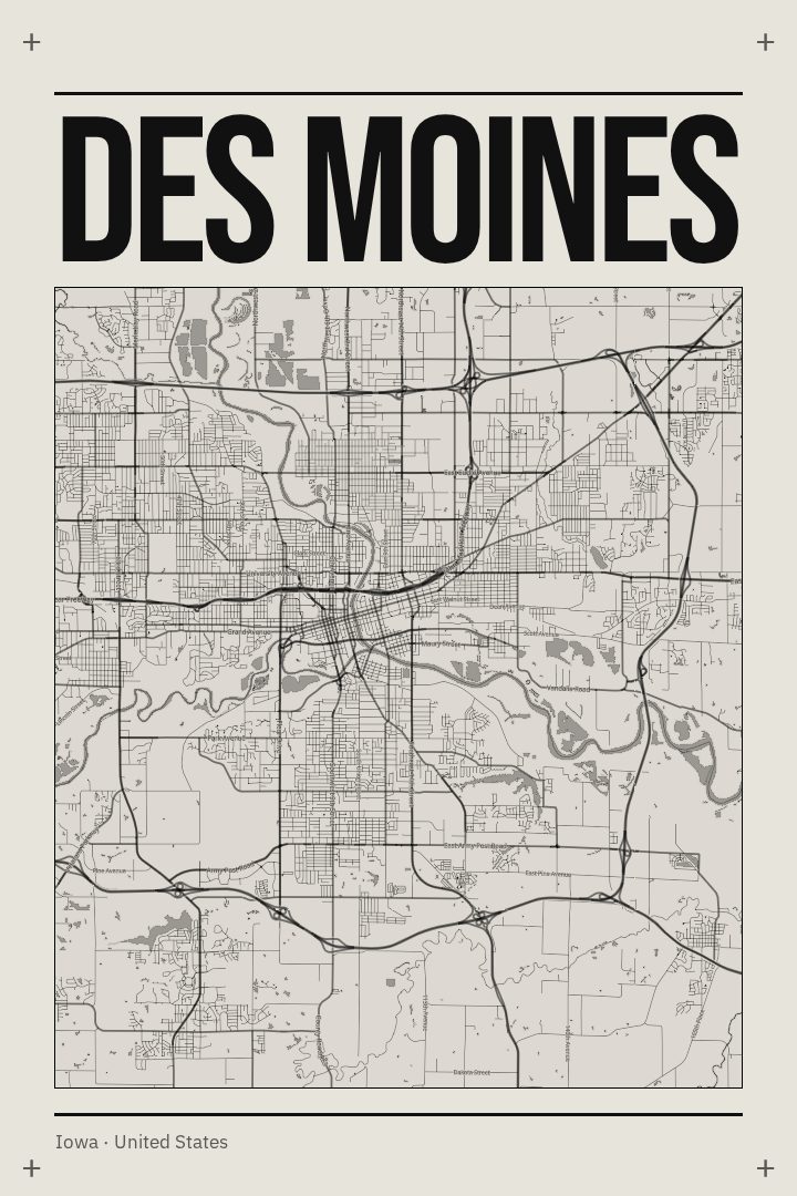 Des Moines map poster, Brutalist style