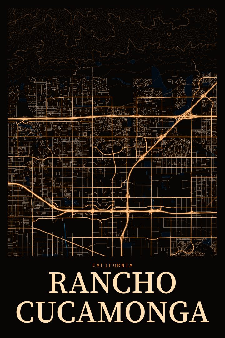 Rancho Cucamonga map poster, Neon Night style