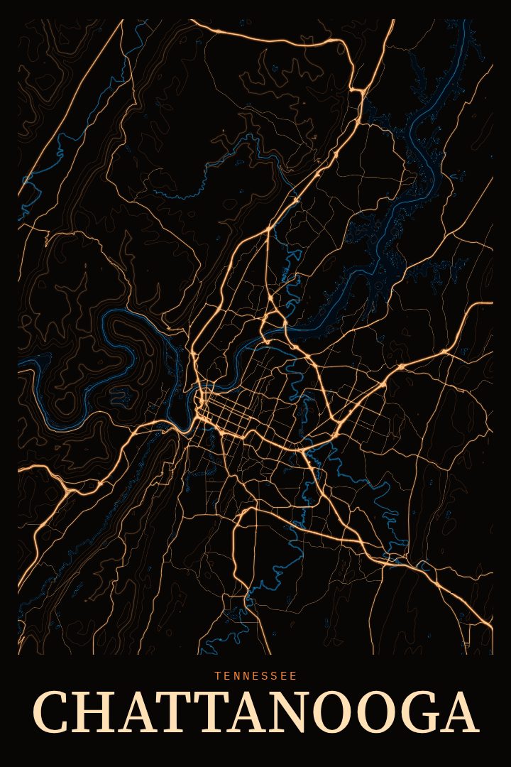 Chattanooga map poster, Neon Night style
