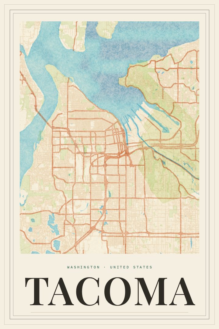 Tacoma map poster, Painted Survey style