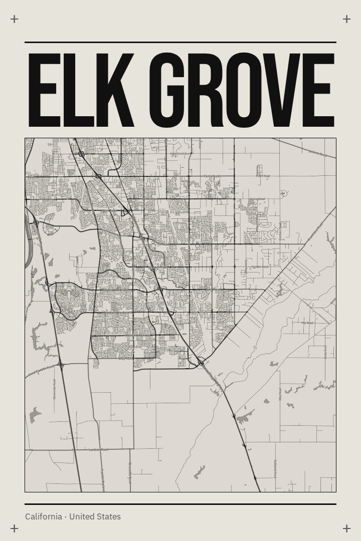 Elk Grove map poster, Brutalist style