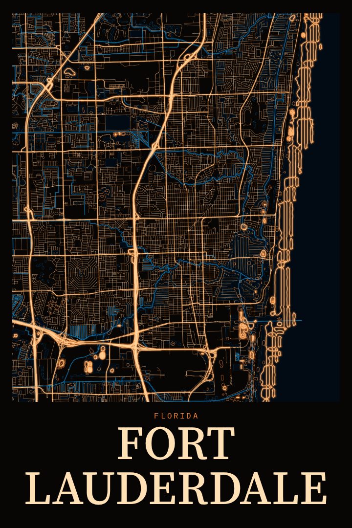 Fort Lauderdale map poster, Neon Night style