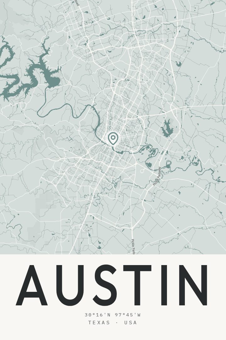 Austin route map poster for Texas