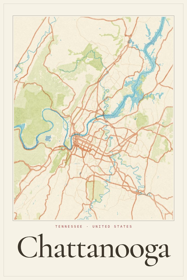 Chattanooga map poster, Watercolor style