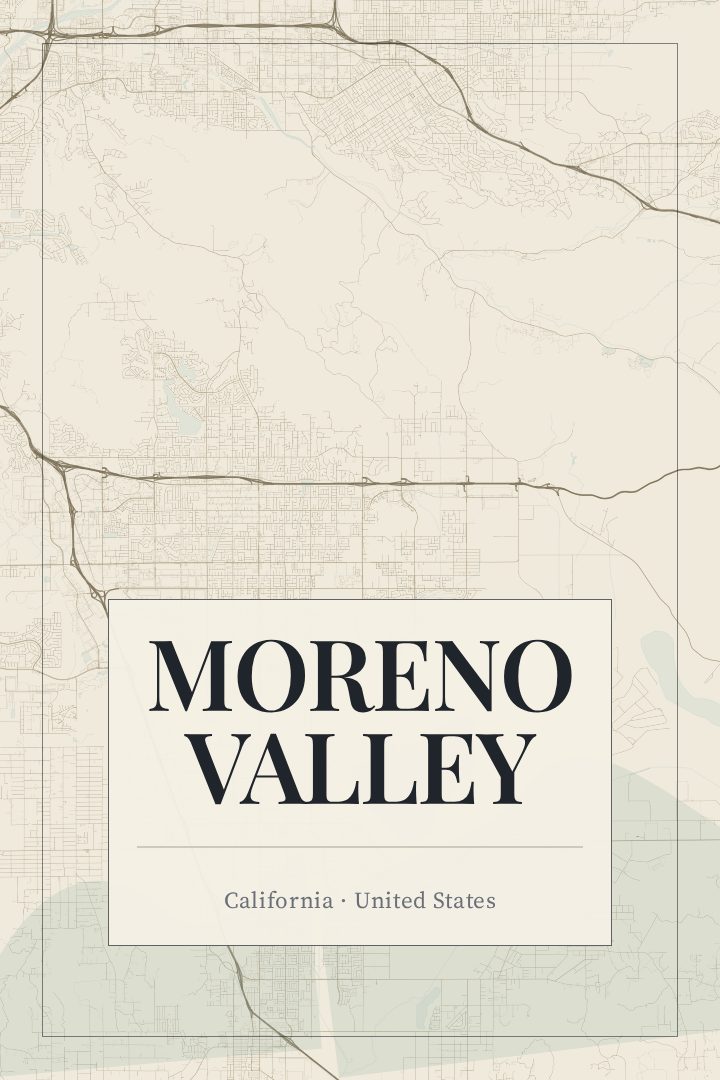 Moreno Valley map poster, Cartouche style