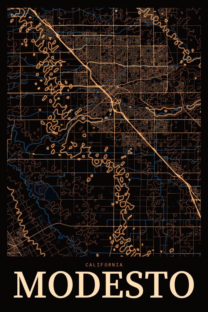 Modesto map poster, Neon Night style