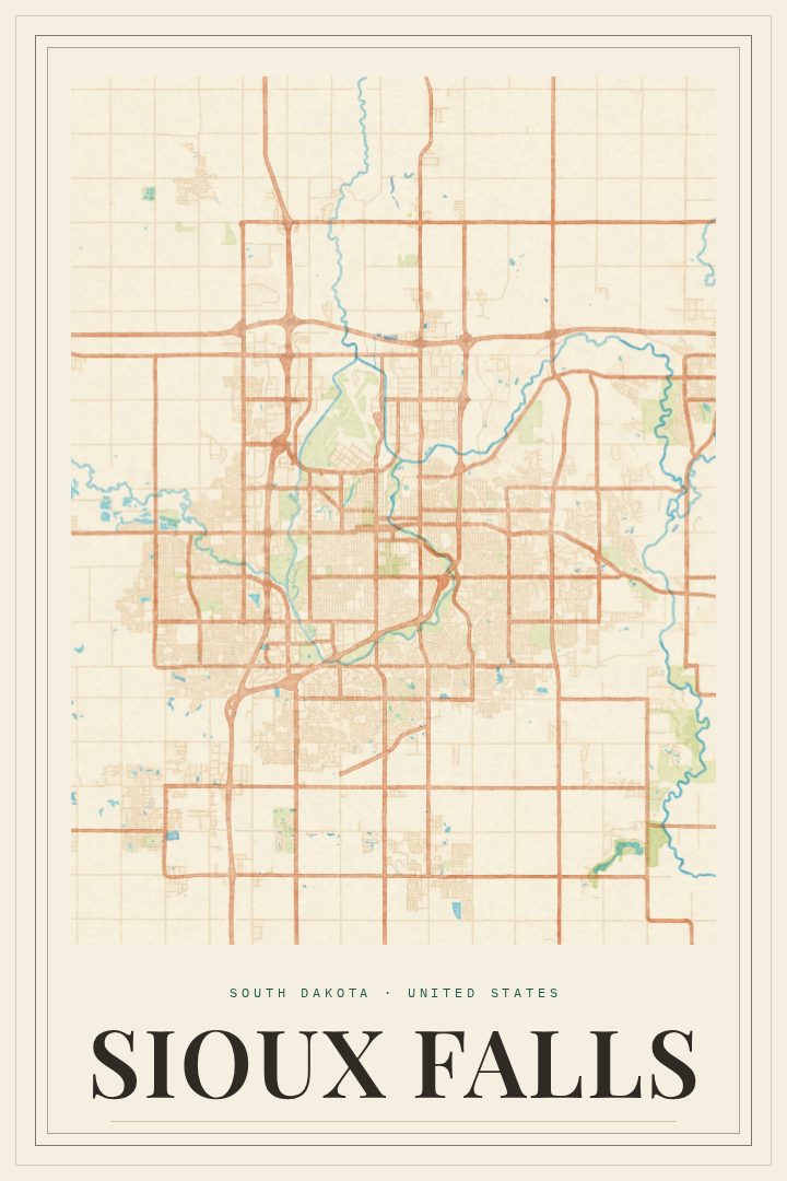 Sioux Falls map poster, Painted Survey style