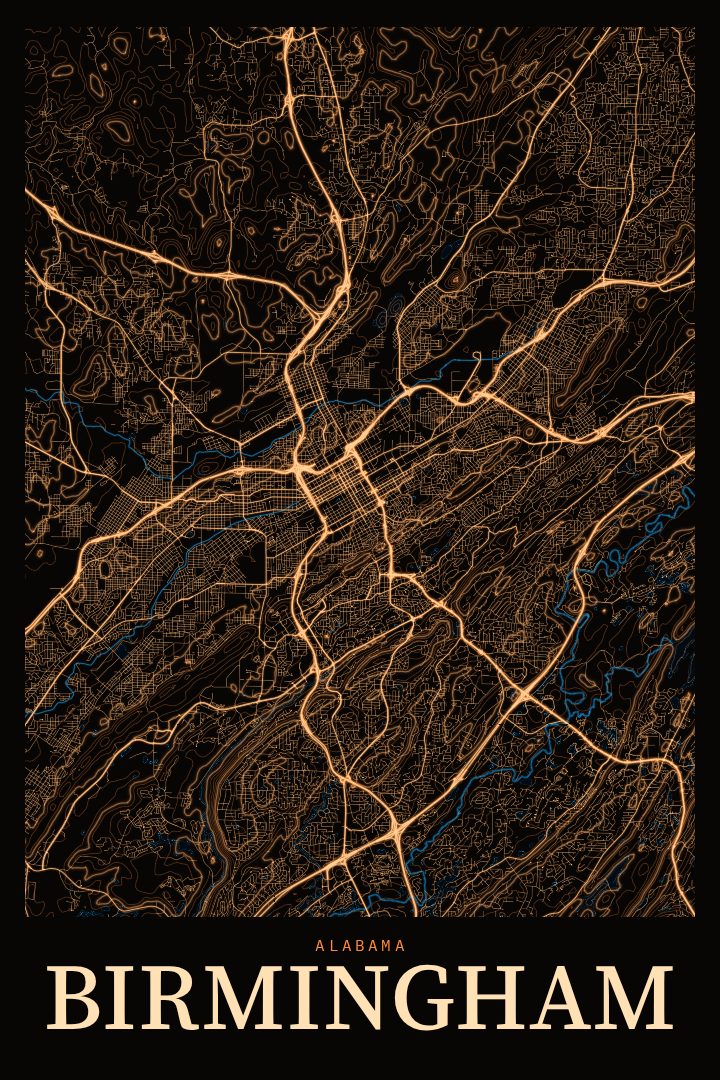 Birmingham map poster, Neon Night style