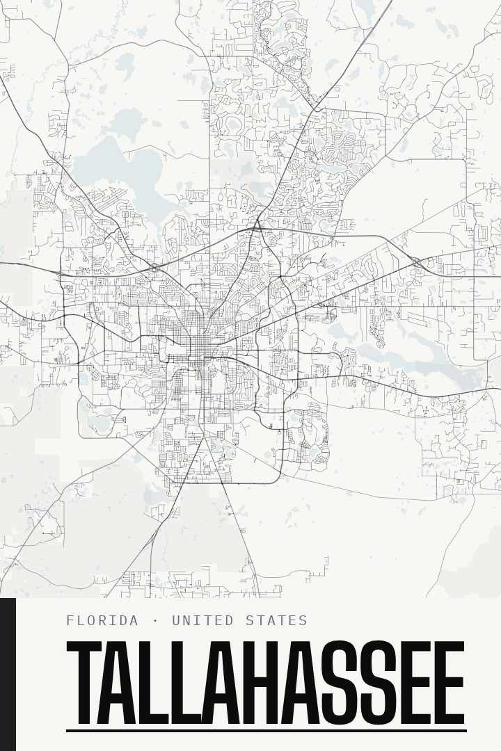 Tallahassee map poster, Blackline style