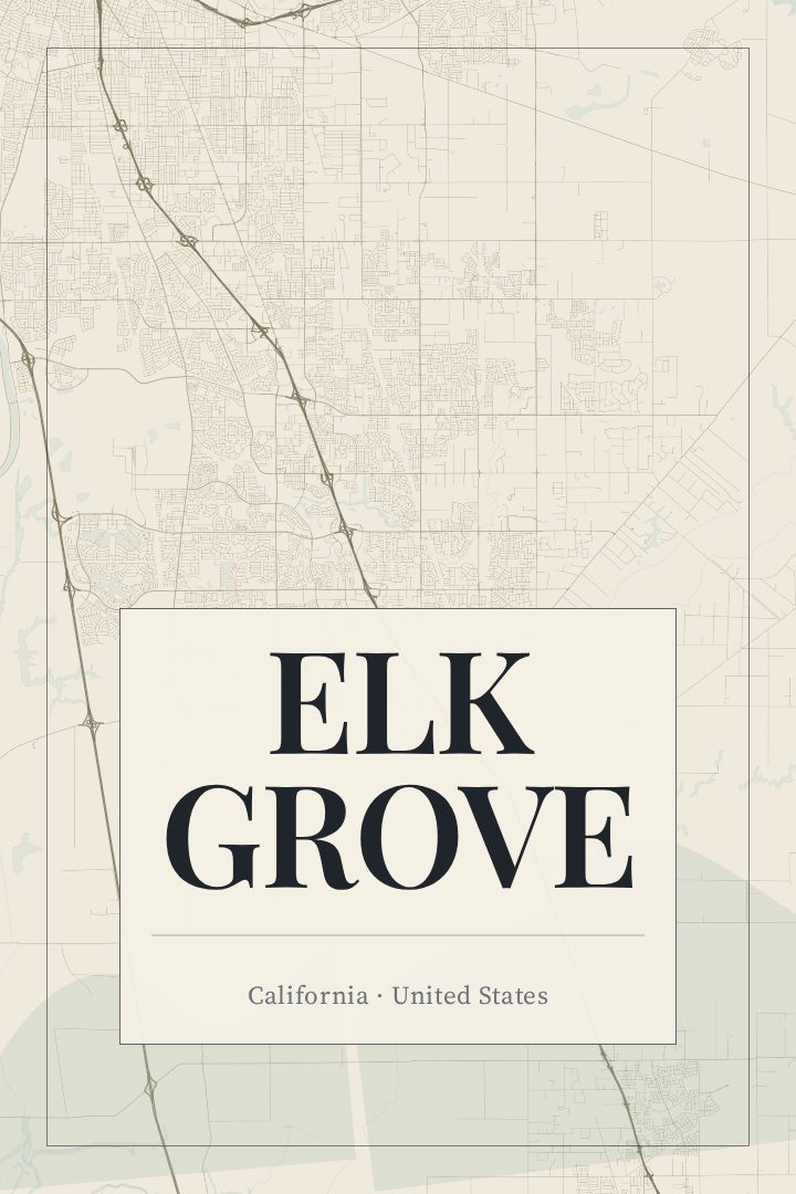 Elk Grove map poster, Cartouche style