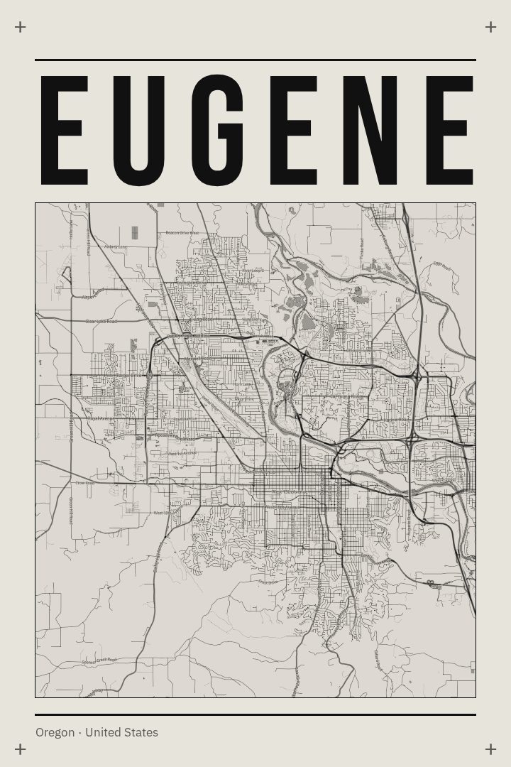 Eugene map poster, Brutalist style