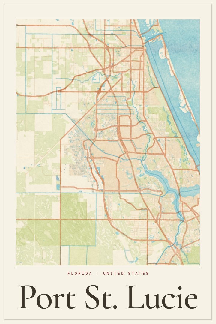 Port St. Lucie map poster, Watercolor style