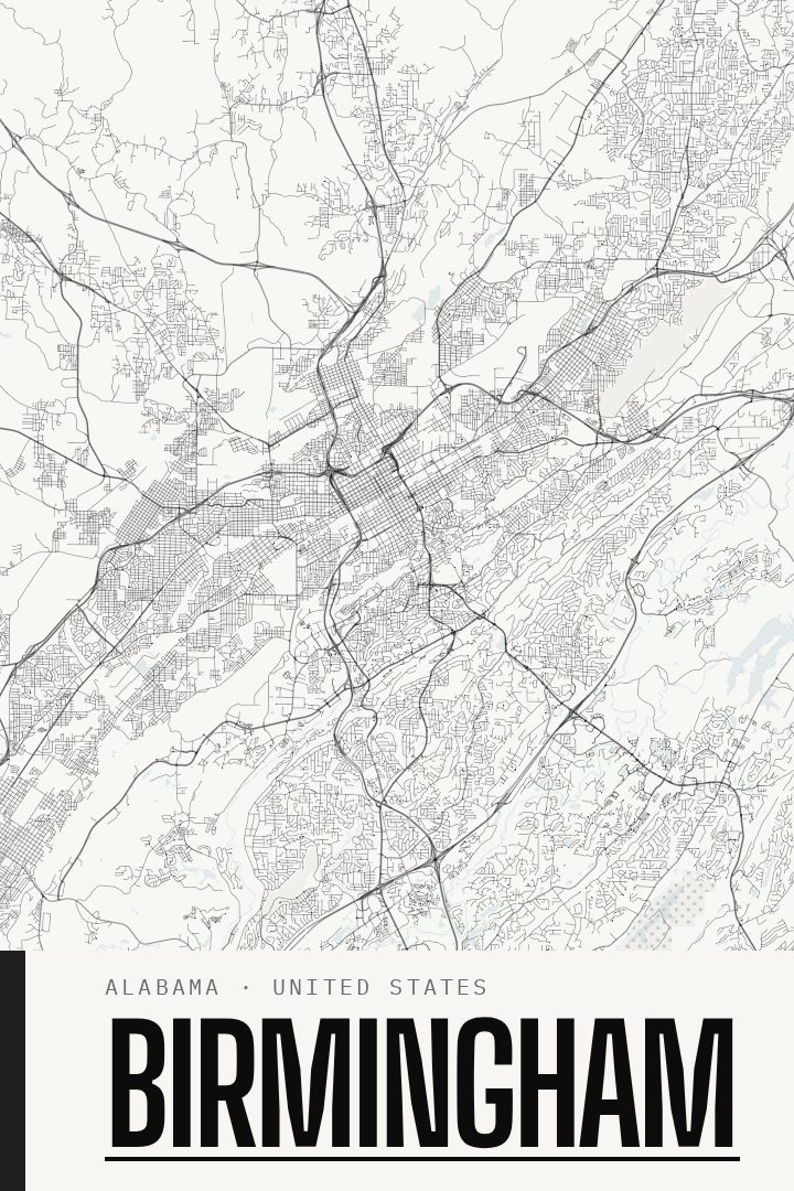 Birmingham map poster, Blackline style