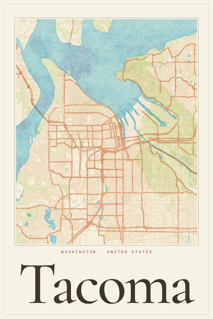Tacoma map poster, Watercolor style