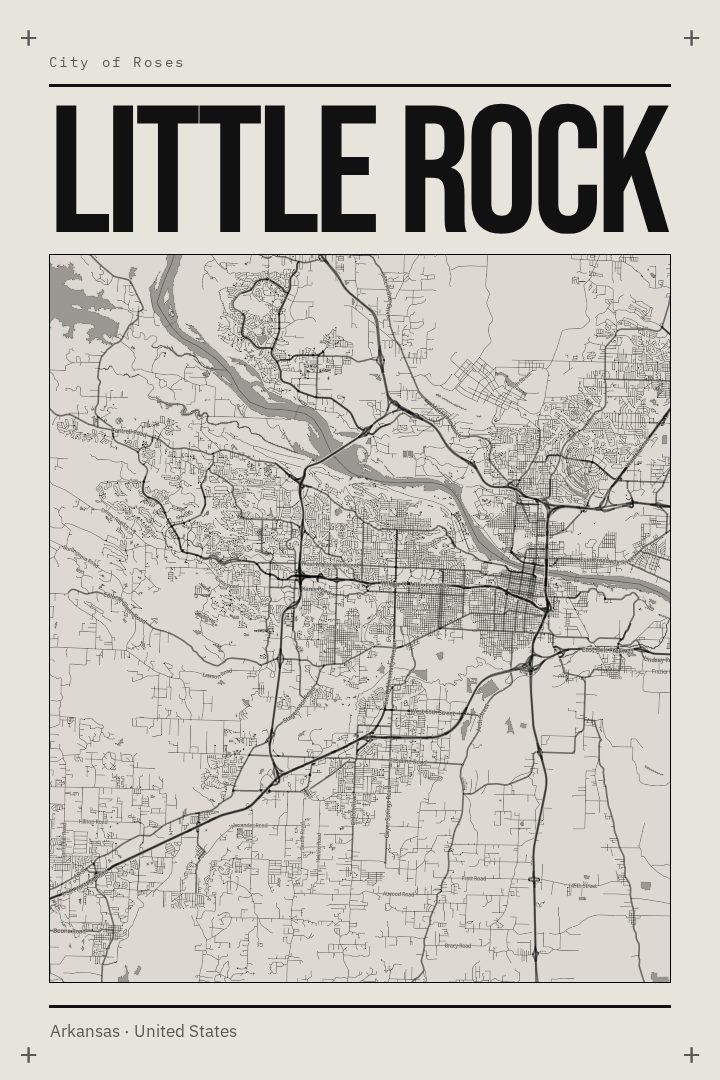 Little Rock map poster, Brutalist style