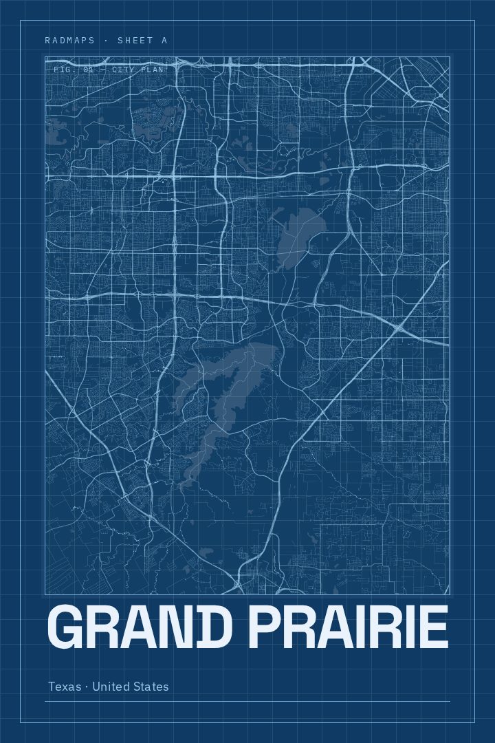 Grand Prairie map poster, Blueprint style