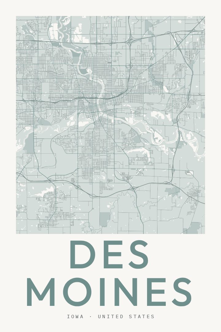 Des Moines city map poster for Iowa