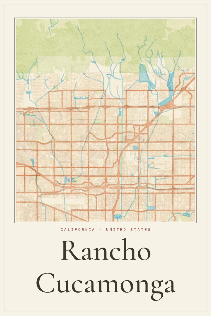 Rancho Cucamonga map poster, Watercolor style