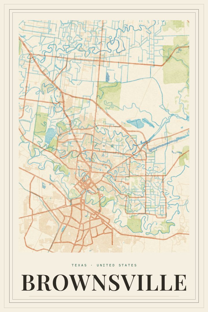 Brownsville map poster, Painted Survey style