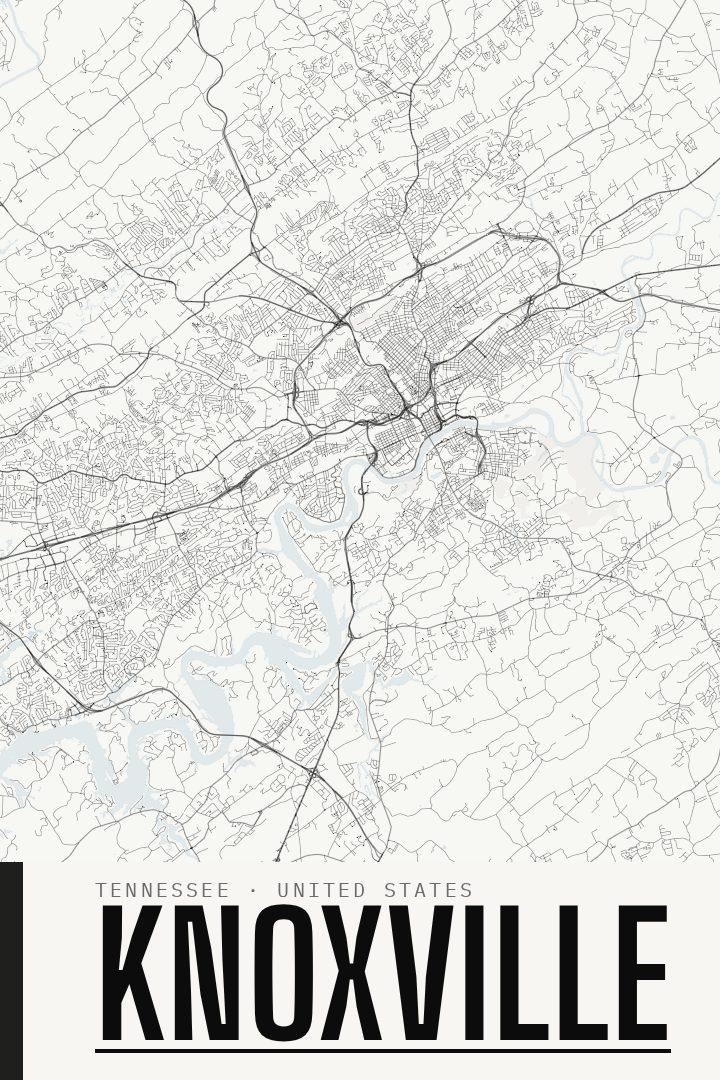 Knoxville map poster, Blackline style