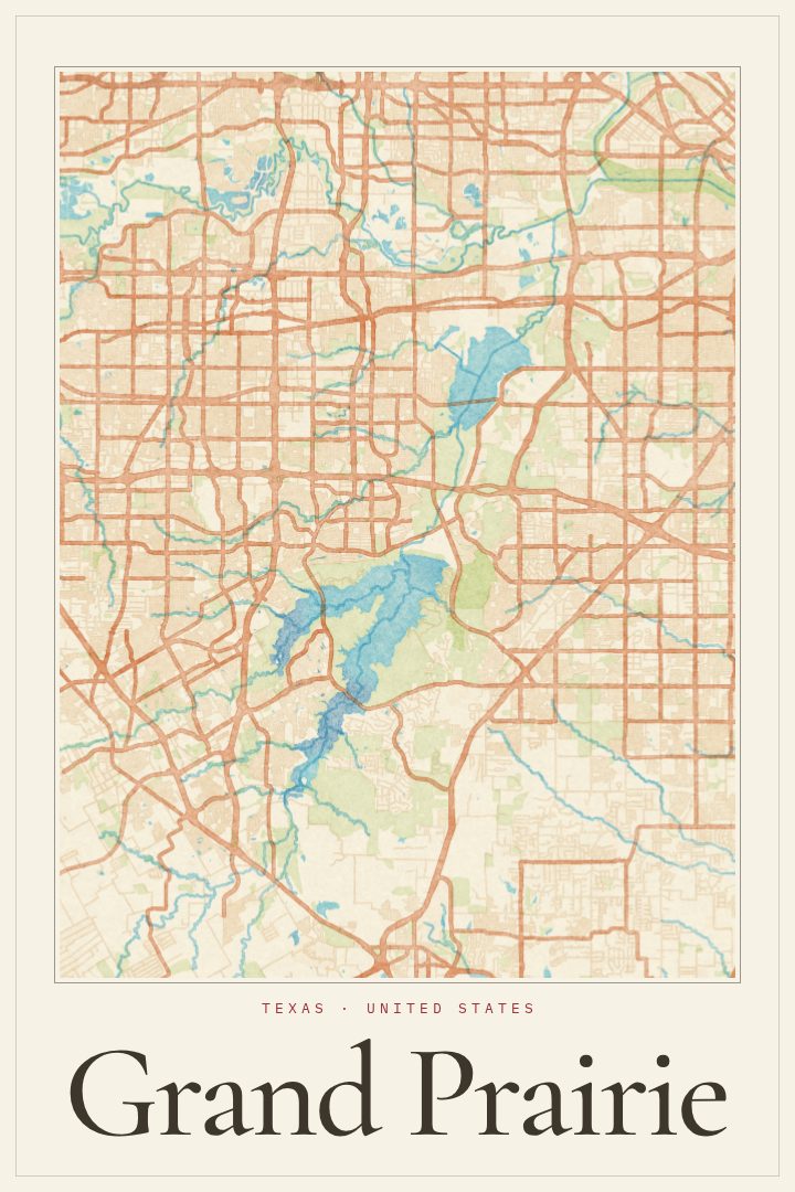 Grand Prairie map poster, Watercolor style