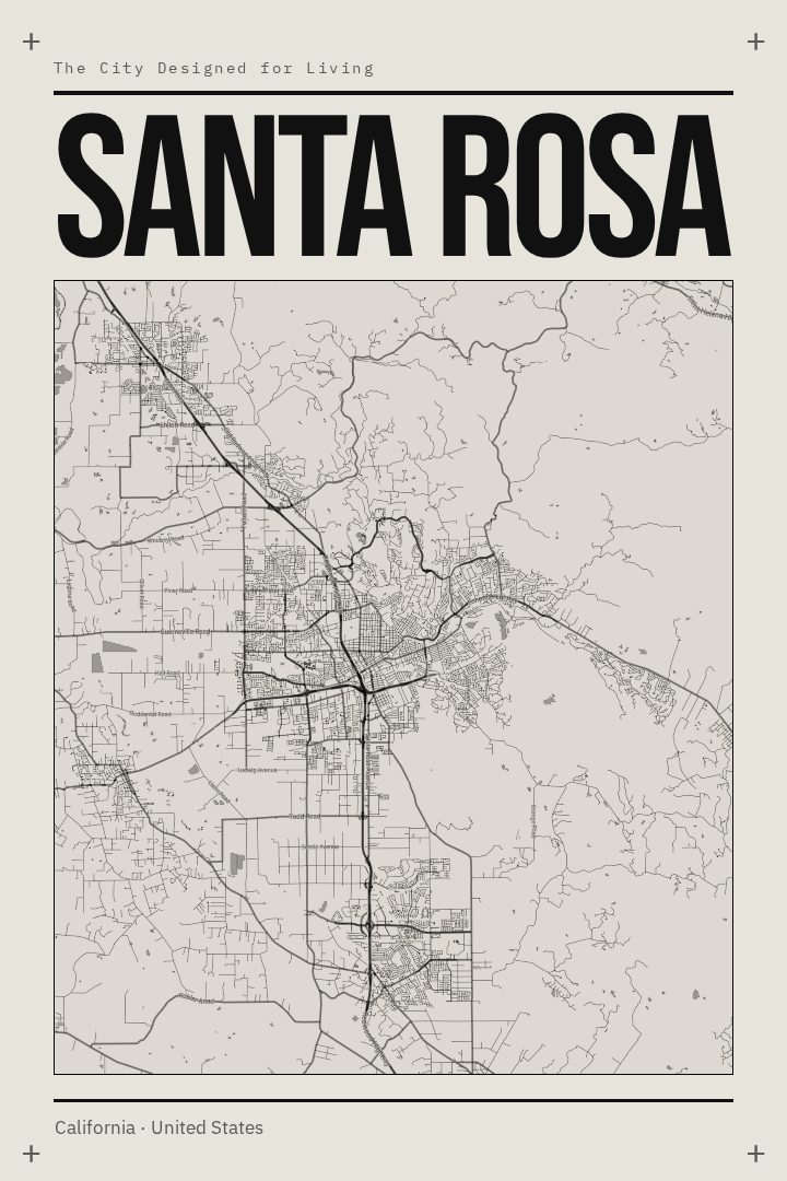 Santa Rosa map poster, Brutalist style