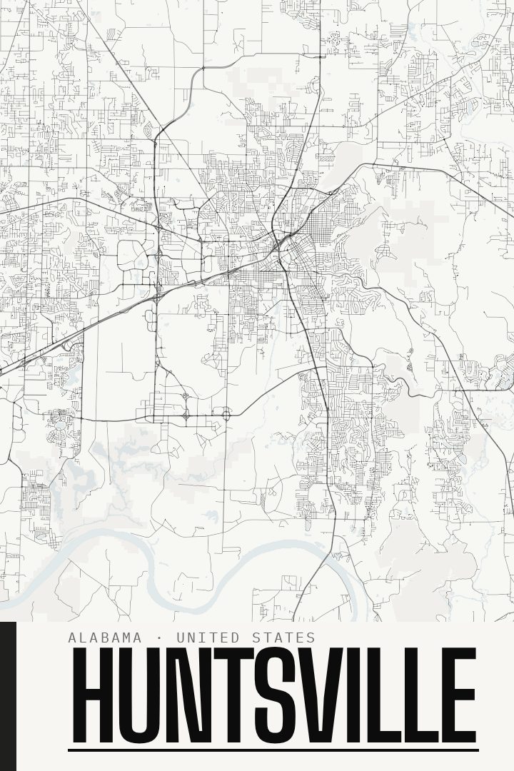 Huntsville map poster, Blackline style