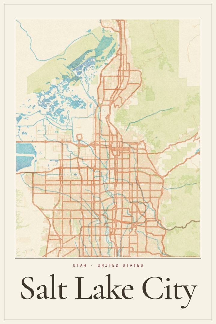 Salt Lake City map poster, Watercolor style