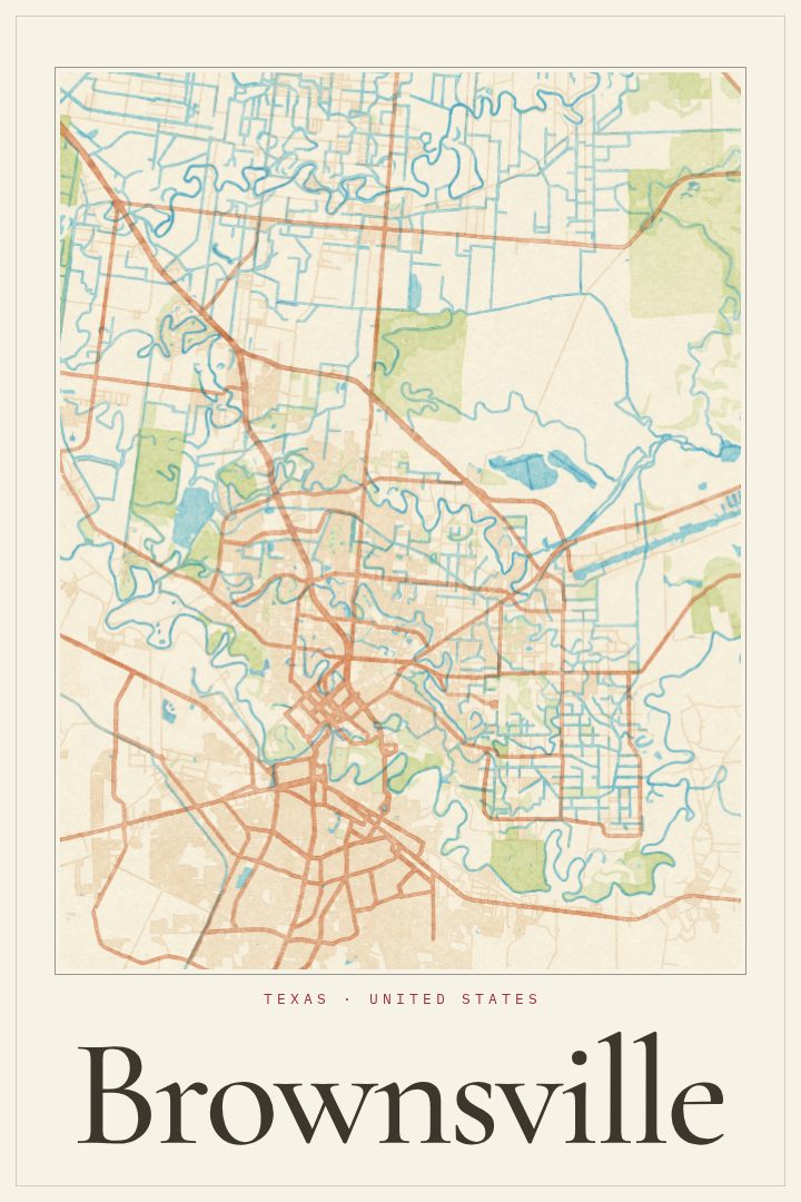 Brownsville map poster, Watercolor style