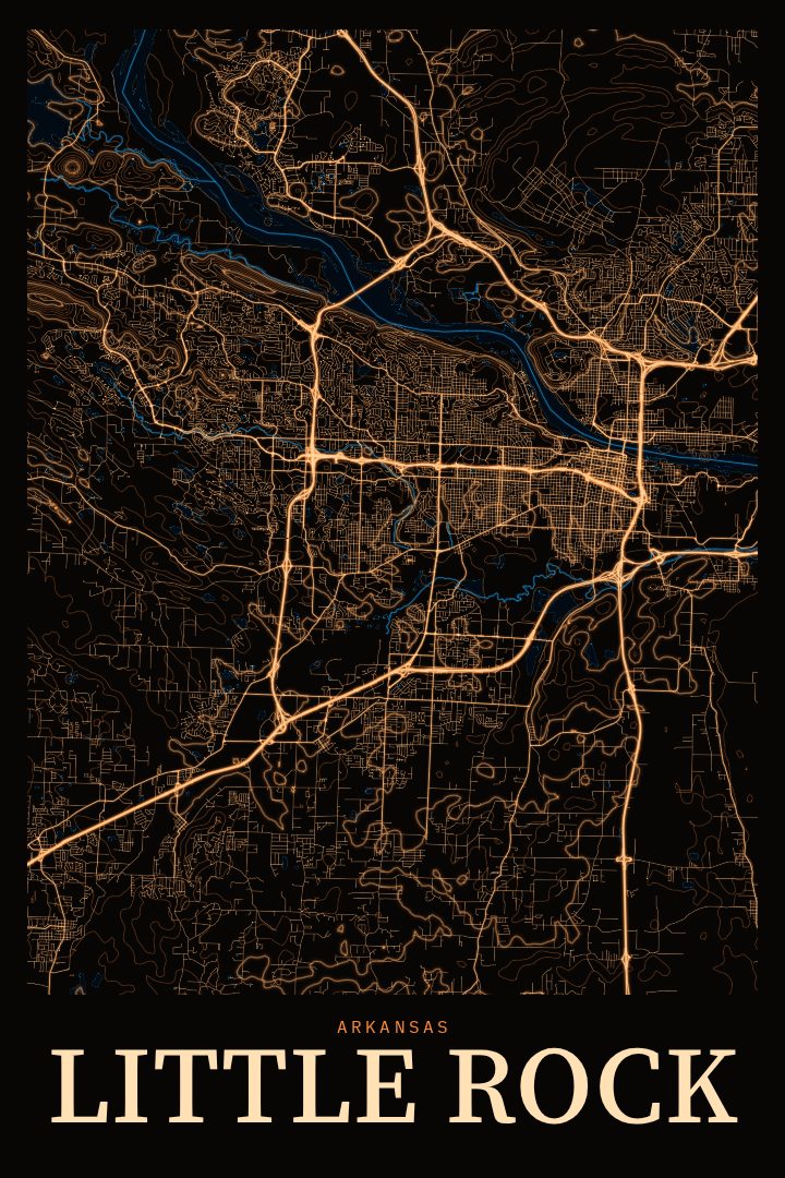 Little Rock map poster, Neon Night style