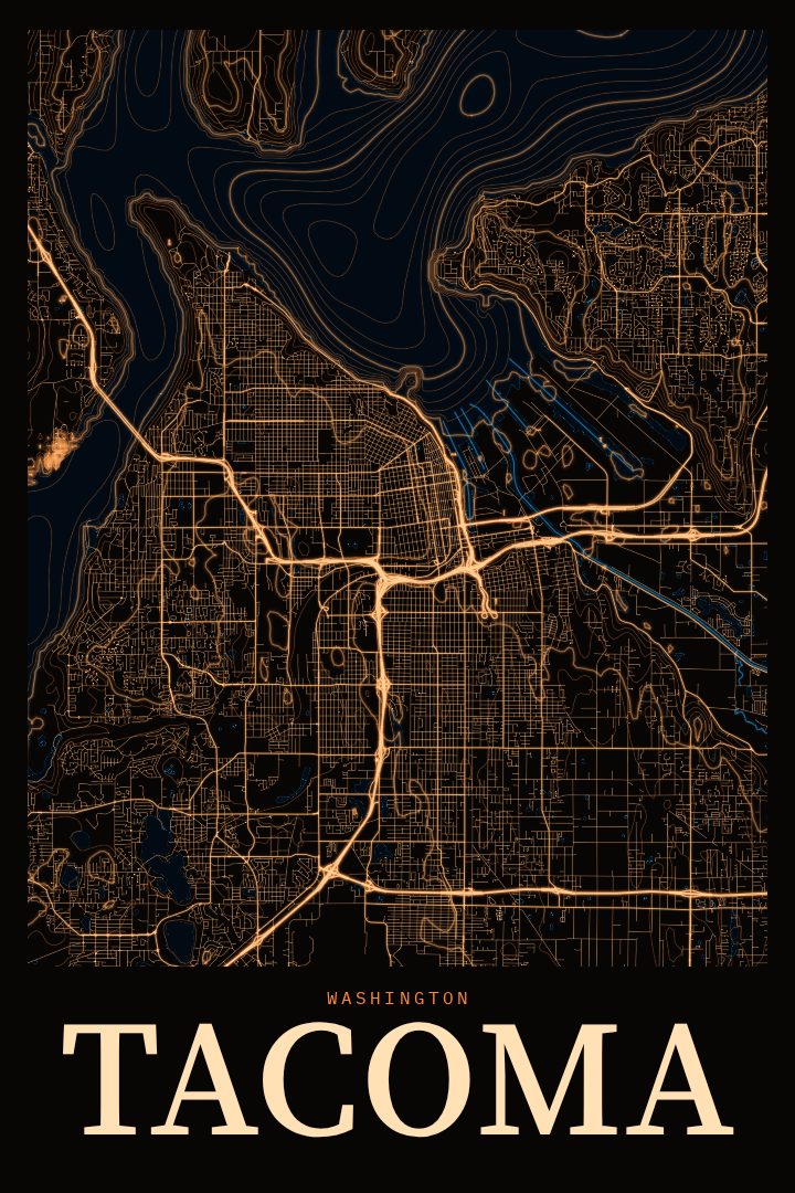 Tacoma map poster, Neon Night style