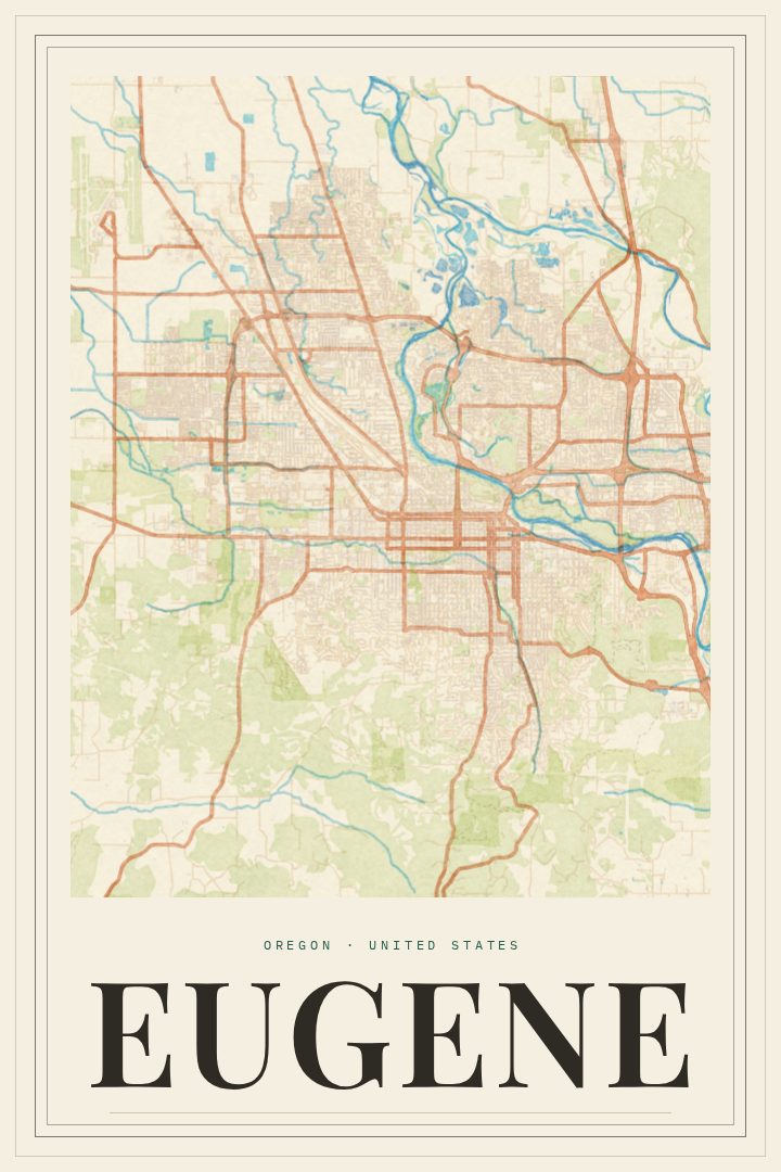 Eugene map poster, Painted Survey style