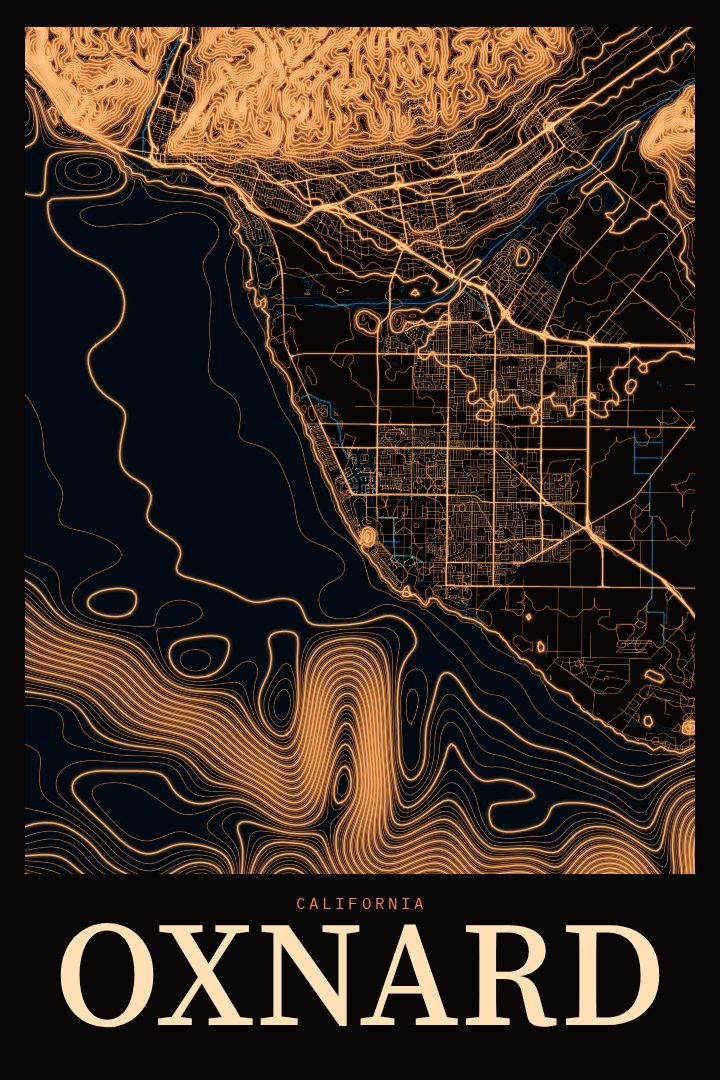 Oxnard map poster, Neon Night style