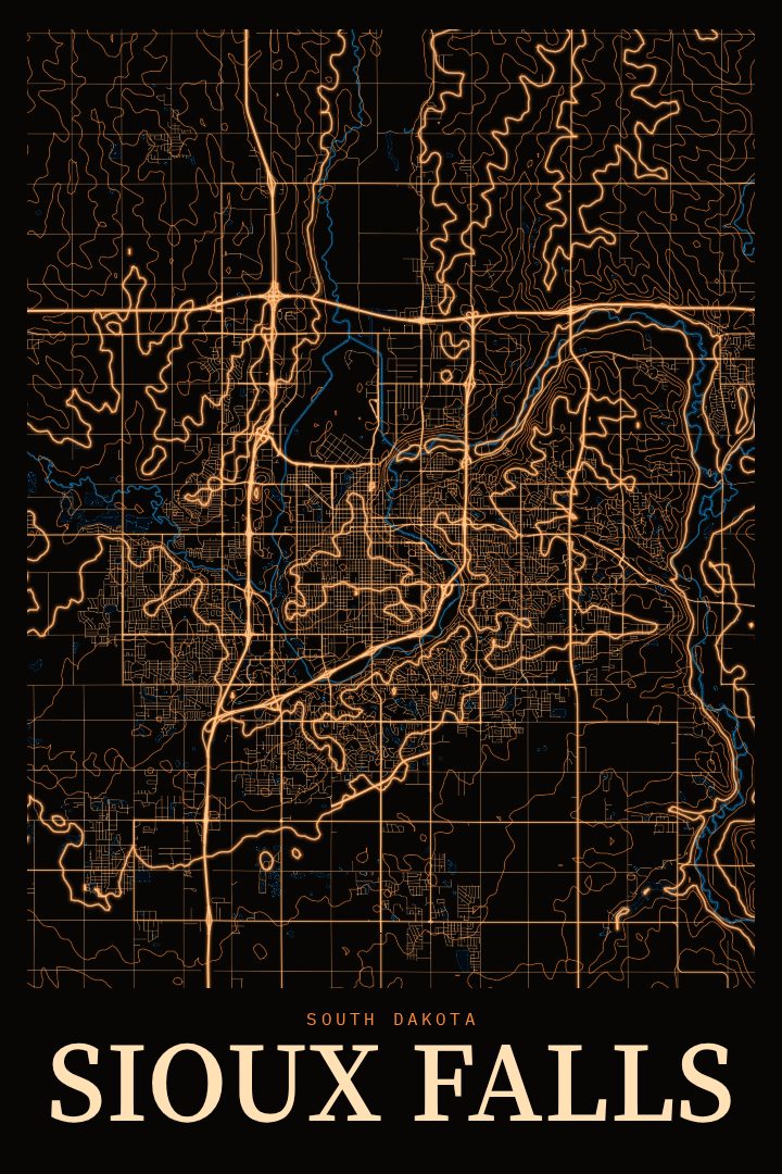 Sioux Falls map poster, Neon Night style