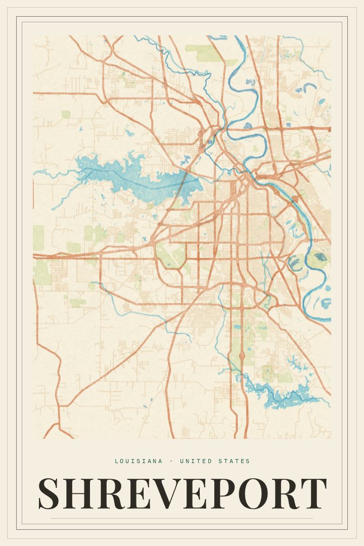 Shreveport map poster, Painted Survey style